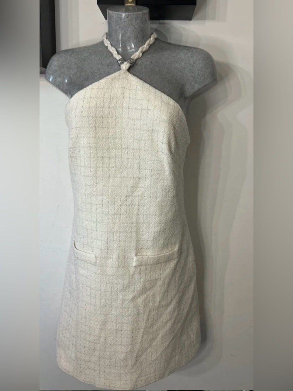 Maje Cream Strapless Tweed Halter Dress